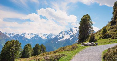 recreational place with benches at Penken mountain, view to Zillertal alps, austria tyrol clipart