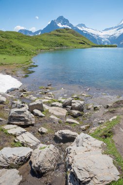 Kayalık göl kıyısı Bachalpsee, Grindelwald, Wetterhorn dağı. Yürüyüş rotası Bernese Oberland. dikey çekim.