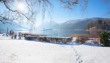 spa garden Schliersee snow bound landscape, defoliated branches, mountain view with Brecherspitze, upper bavaria. clipart