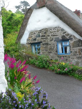Sokağın yanında saman sazdan çatılı bir kulübe. Önünde renkli çiçekler var. İngiltere 'deki köy.