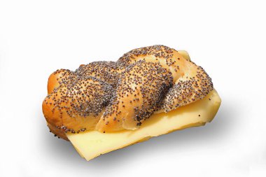 braided bun with poppy seed and cheese, on white background. tasty lunchtime snack for school or office. clipart