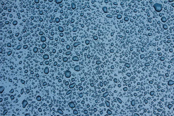 Bir sürü yağmur damlası olan mavi bir arabanın metalik yüzeyi, yakın çekim.