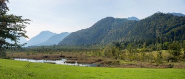 Eschenlohe yakınlarındaki moor manzarası, Pfruhlmoos Sieben Quellen, Bavyera Alpleri manzaralı. yeşil çayır.