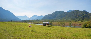 Eschenlohe yakınlarındaki moor manzarası, Pfruhlmooos Sieben Quellen, ineklerle otlak ve Zugspitze dağıyla Alpler manzarası. üst bavyera.