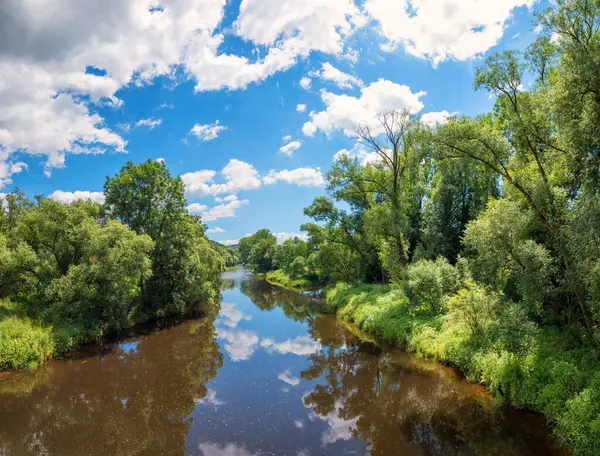Schwarzer Regen nehri, Viechtach, aşağı bavyera manzarası. Karanlık sularda yansıyan ağaçlar.