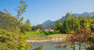 Loisach nehrinin yanındaki ağaçlar, Eschenlohe turizm beldesi, Estergebirge Alpleri. Güz manzarası üst bavyera