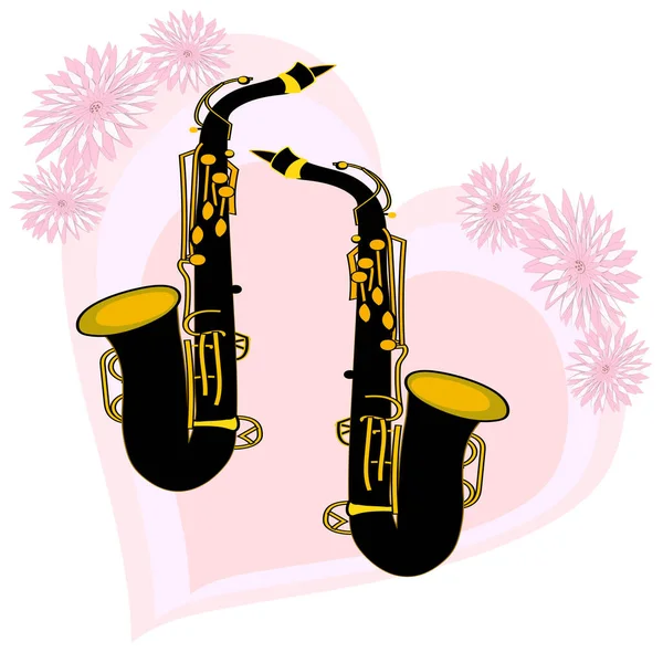 Casal Saxofones Vintage Preto Fundo Corações Rosa — Vetor de Stock