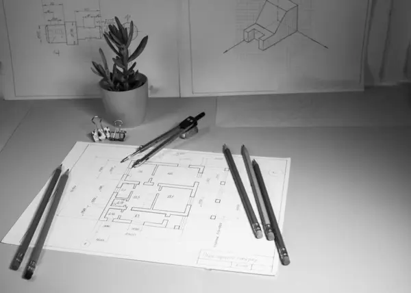 Mühendis ya da tasarımcının masası. Masanın üzerinde teknik diyagramları ve detayları olan çizimler var, çizim araçları yakında. Çizimlerin yanında bir saksı görülebilir, bu da çalışma alanına rahatlık katar..