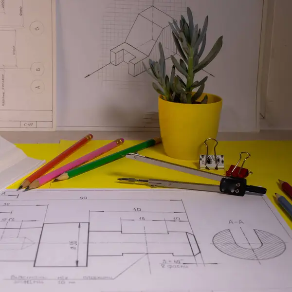Kalemler, pusula ve diğer araçlarla kağıda yakın plan çizimi. İnşaat planlama kararı. Okula geri dön.
