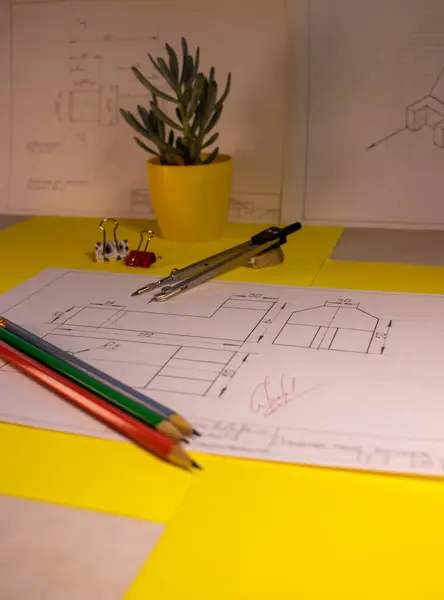 Kalemler, pusula ve diğer araçlarla kağıda yakın plan çizimi. İnşaat planlama kararı. Okula geri dön.