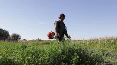 Bir adam arka bahçedeki yeşil çimleri benzin çim biçme makinesiyle biçiyor. Bahçe alanı açmak için budayıcı