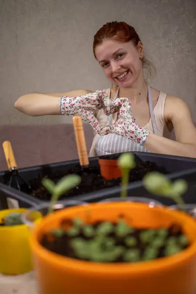 Gülümseyen bir kadın, elinde fidelerle mutfakta duran bir kalbi elleriyle gösterir. Sade bir atmosferi olan dikey video, sevgi ve özenin sembolü..