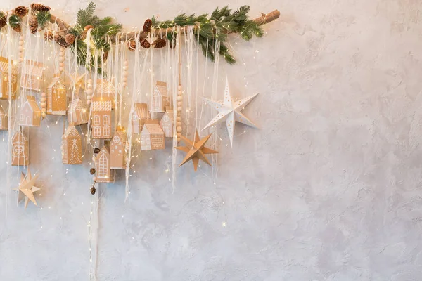Christmas Composition Garland Made Handmade Toy Houses Stars Fir Tree — Stock Photo, Image