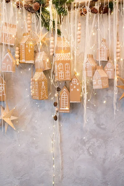 Christmas Composition Garland Made Handmade Toy Houses Stars Fir Tree — Stock Photo, Image