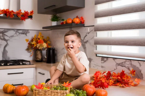 Smiling cute sitting on kitchen table with fruits, autumn leaves and pumpkin. Autumn decorated kitchen. Holidays concept