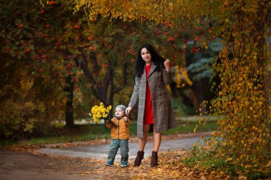 Anne ve oğlu sonbahar parkında birlikte eğleniyorlar. Mutlu aile sonbaharda sarı ağaçlarda yürüyor. Mutlu annelik ve çocukluk kavramı