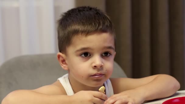 Sød Lille Lille Dreng Spiser Hjemme – Stock-video