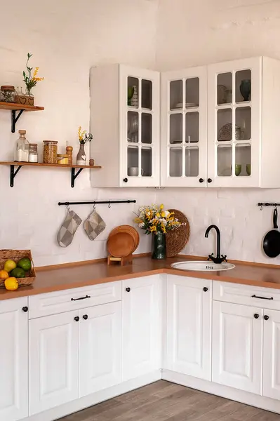 Wooden Counter White Sink Utensils Light Wall Kitchen ストック画像