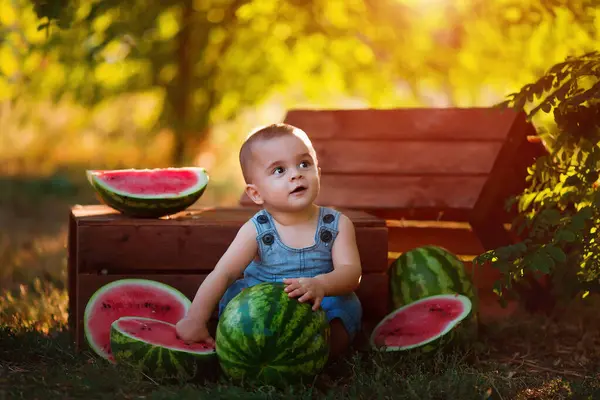 stock image Baby boy enjoying watermelons in the garden on a sunny day