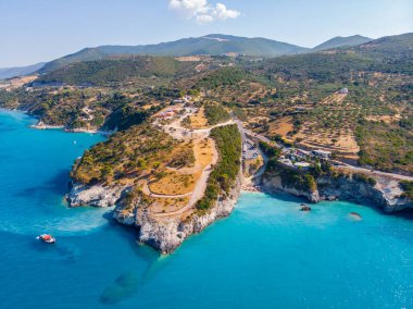 Drone shot of the popular and famous Xigia beach on the beautiful turquoise Ionian sea, Zakynthos (Zante) island in Greece