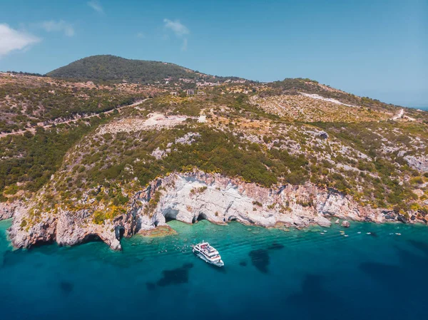 Drone Shot Zakynthos Island Beautiful Turquoise Ionian Sea Limestone Cliffs Imagen de archivo