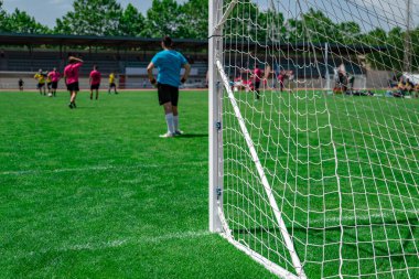 Yeşil çimenlikteki futbol beyaz golü