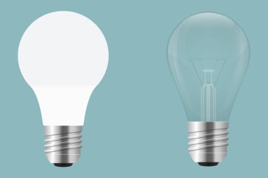 Enerji tasarrufu lambası ve parlak lambanın vektör çizimi, arka planda izole edilmiş enerji tasarrufu lambası ve parlak lamba çizimi