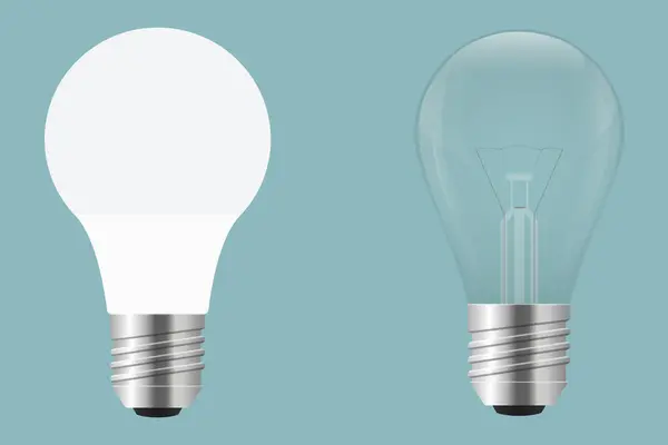 Enerji tasarrufu lambası ve parlak lambanın vektör çizimi, arka planda izole edilmiş enerji tasarrufu lambası ve parlak lamba çizimi