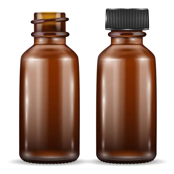 Vektör illüstrasyonu, gerçekçi model beyaz arka planda izole edilmiş açık kahverengi şişe illüstrasyonu. Tıbbi, kozmetik, eczane, ilaç, spor, yiyecek için kullanılabilir. EPS10.