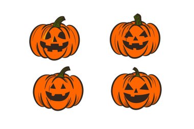 Dört gülümseyen balkabağı fenerinin vektör çizimi, Cadılar Bayramı süslemeleri ve şenlik tasarımları için mükemmel.