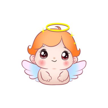 Halesi ve kanatları olan sevimli bir kawaii bebek meleğinin vektör grafikleri.