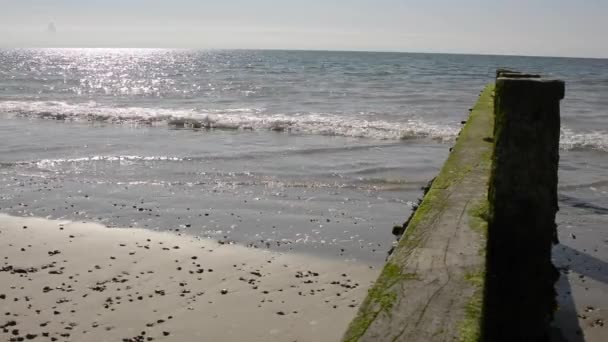 英国西萨塞克斯州利特尔汉普顿沙滩上的温和波浪运动 腹股沟 防波堤 — 图库视频影像