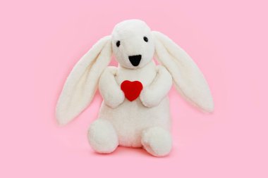 Çocuk oyuncağı. Uzun kulaklı beyaz bir tavşan. Pençelerinde kırmızı bir kalp taşıyor.