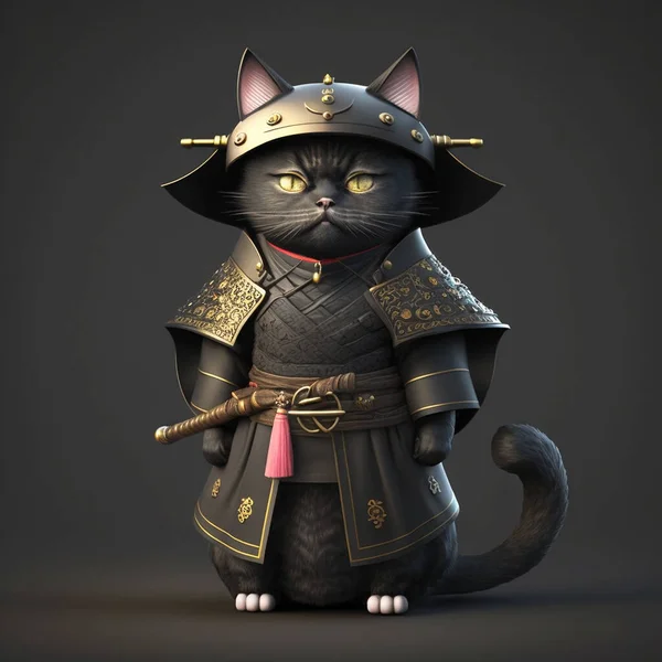 a black cat with yellow eyes in a Japanese samurai costume with a katana sword, generative AI, generative artificial intelligence