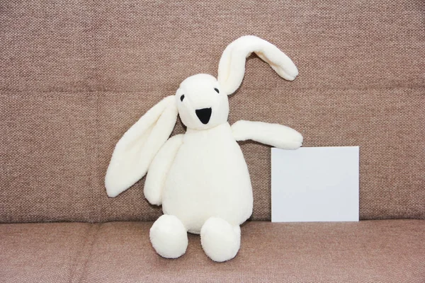 Toy white fluffy hare holding a greeting card on a brown background