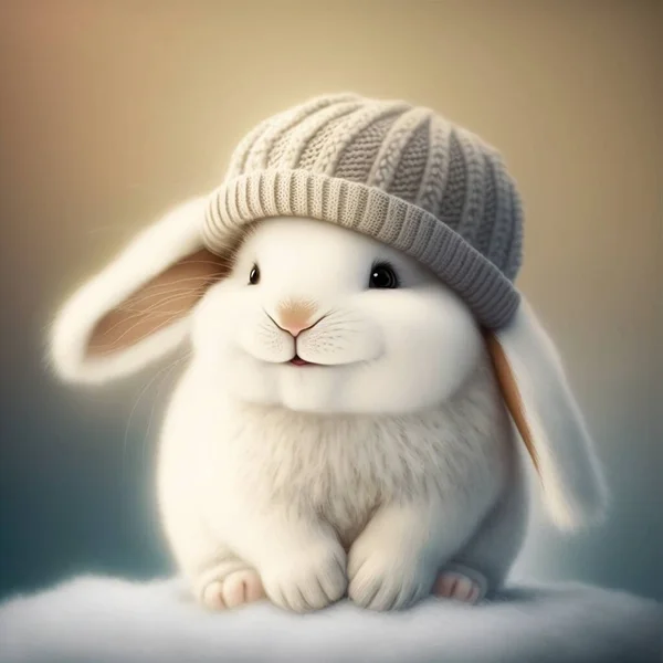 A white fluffy rabbit with long ears in a hat.  Generative AI, generative artificial intelligence