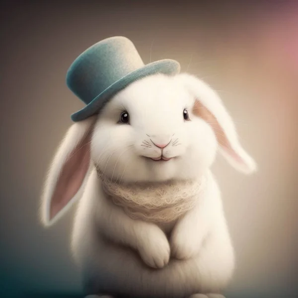 A white fluffy rabbit with long ears in a hat.  Generative AI, generative artificial intelligence