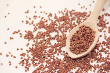 Small brown grains of natural buckwheat in a wooden spoon on a white background