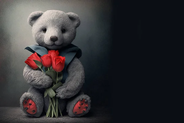 A soft plush grey bear holds a bouquet of red tulips in its paws.