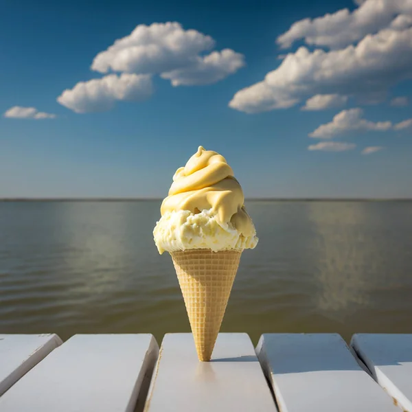 Sweet vanilla ice cream in a waffle cone on the background of the blue sea and waves.