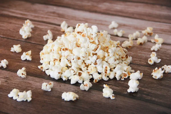 White Fried Popcorn Brown Wooden Background — Stockfoto