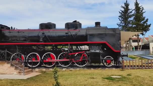 Antalya Türkei März 2023 Seltene Schwarze Dampflokomotive Park — Stockvideo