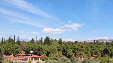 Yeşil orman ve mavi gökyüzünün panoramik çekimi, ufukta yüksek binalarla kentsel gelişim