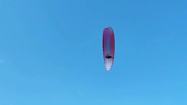 パイロットとの赤いパラグライダーは青い空を飛ぶ — ストック動画