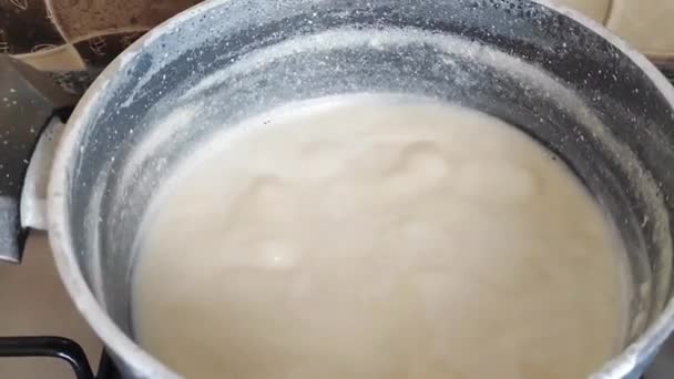 White Natural Milk Boiled Bubbling Gray Saucepan — Stock Video