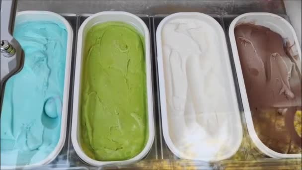 Crème Glacée Multicolore Sucrée Dans Des Récipients Métalliques Sur Vitrine — Video