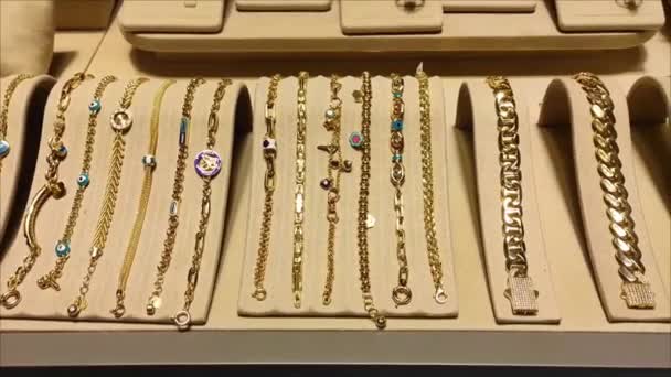 Gold Women Bracelets Precious Stones Jewelry Store Window — Stock Video