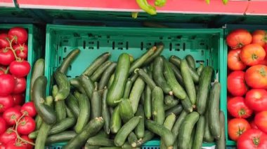 Taze yeşil salatalıklar ve biberler markette satışta.