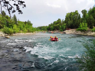 Yelekli bir grup insan, resimli bir orman bölgesinde dağ nehri boyunca rafting tekneleriyle geziyorlar.