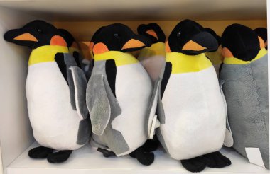Yumuşak çocukların pelüş oyuncakları dükkanın camında beyaz ve siyah penguenler